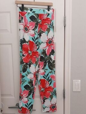 Floral Print Wide-Leg Pants in Aqua and Coral
